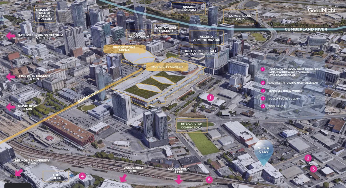 This view captures the energetic heart of Nashville with the Music City Center, Bridgestone Arena, and the Cumberland River in one frame. Iconic venues associated with live music and major events are visible, surrounded by the urban vibrancy that defines the city.