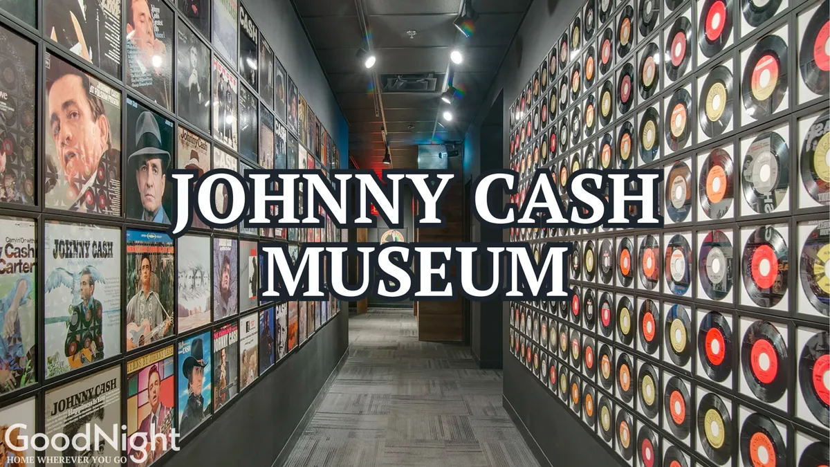Inside a music museum or record shop, this image features displays of vinyl records, album covers, and museum signage. The visual celebrates Nashville's deep musical roots and the immersive experiences available, from exploring memorabilia to enjoying live events.