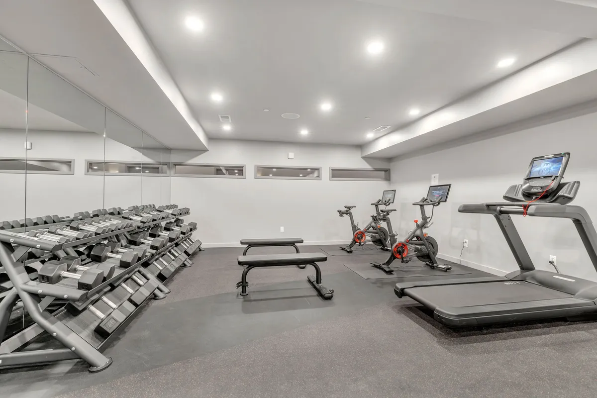 A modern fitness center featuring a well-organized dumbbell rack, treadmill, exercise bikes, and a weight bench. The space looks fresh, energetic, and ready for both solo and group workouts.